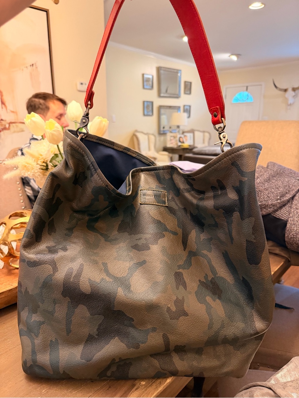 Parker Thatch Camo Shoulder Hobo Bag with Red Strap